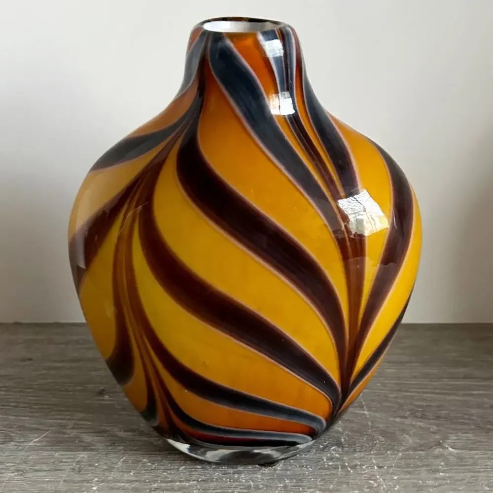 Vintage Murano Style Cased Tiger Strip / Pulled Feather Glass 8” Vase Set of 3